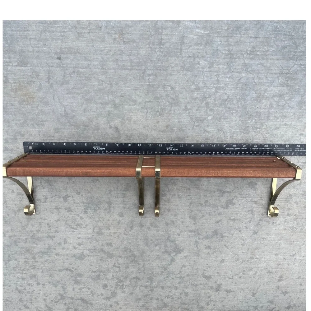 Vintage Mid Century Modern Adjustable Wood and Brass Wall Shelf 24-45 Inch Wide